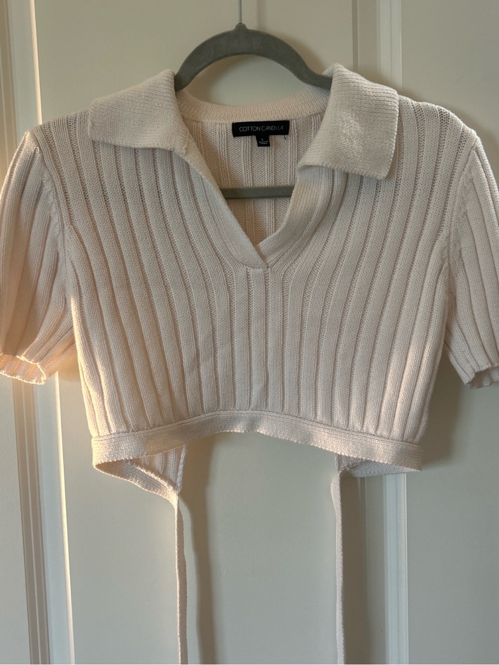 Cotton Candy LA Ribbed Collared Crop Top in Cream
